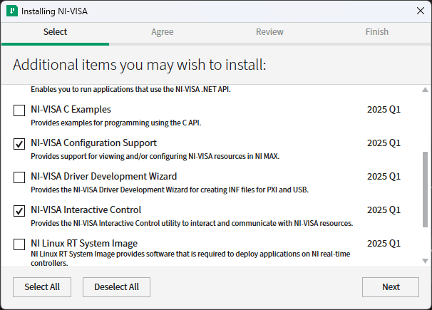 Screenshot of NI VISA installation packages